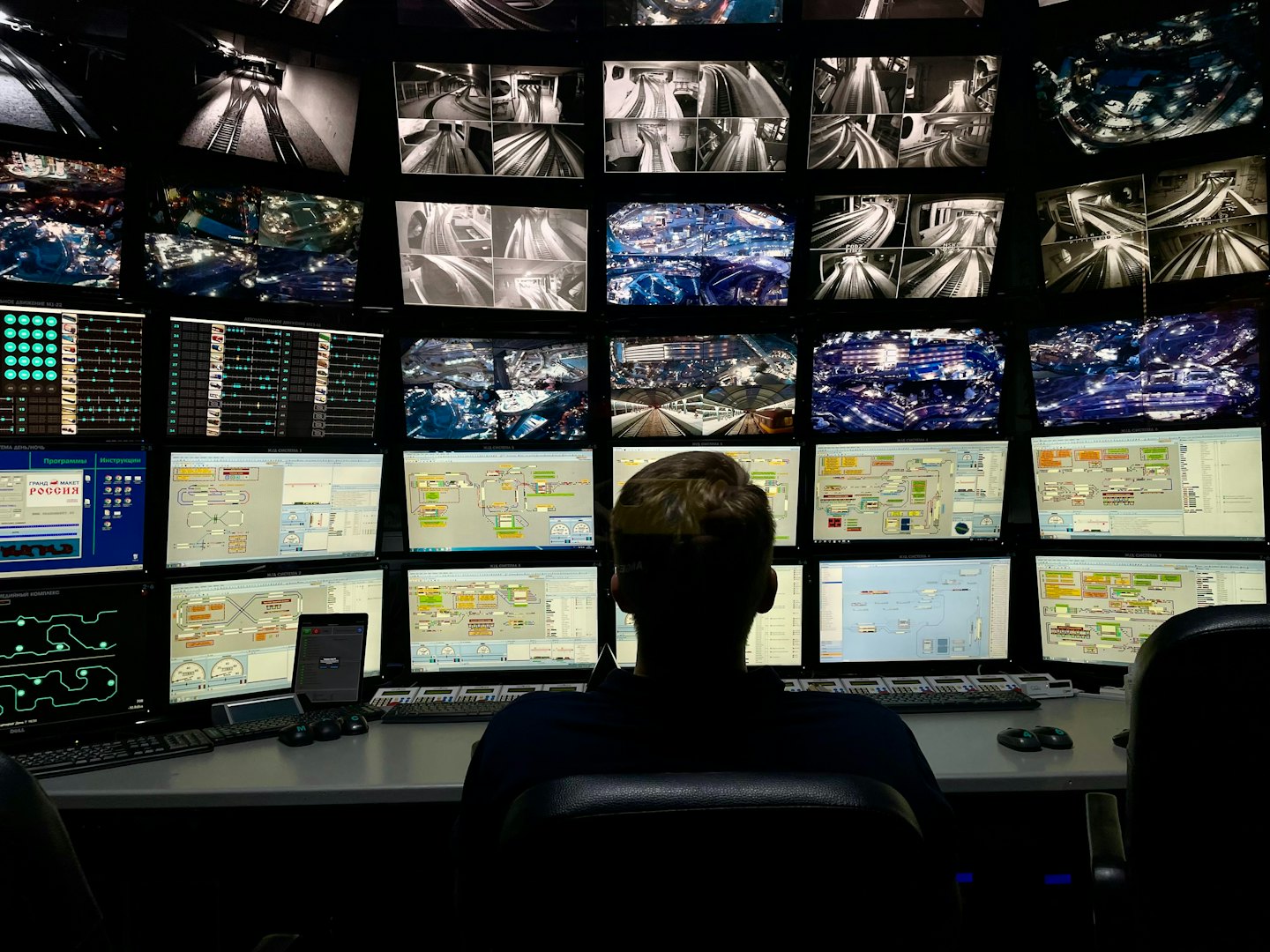 Operator monitoring many computer screens in a dark control room.