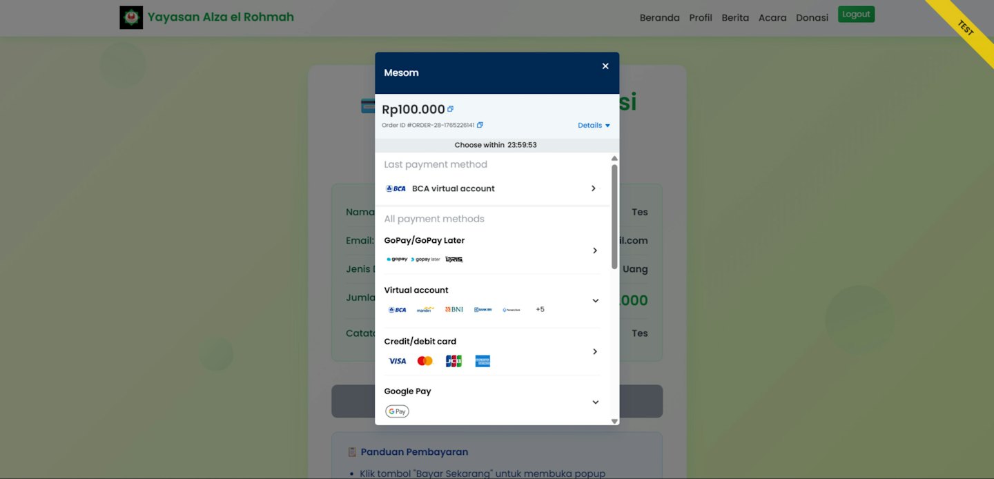 A digital payment modal displays various payment options on screen.